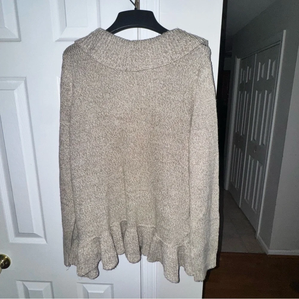 Covington Women's XL Open Front Ruffle Cardigan Oatmeal Beige Metallic Knit